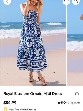 Cupshe Smocked Top Blue and White Royal Blossom Ornate Patterned Midi Dress M